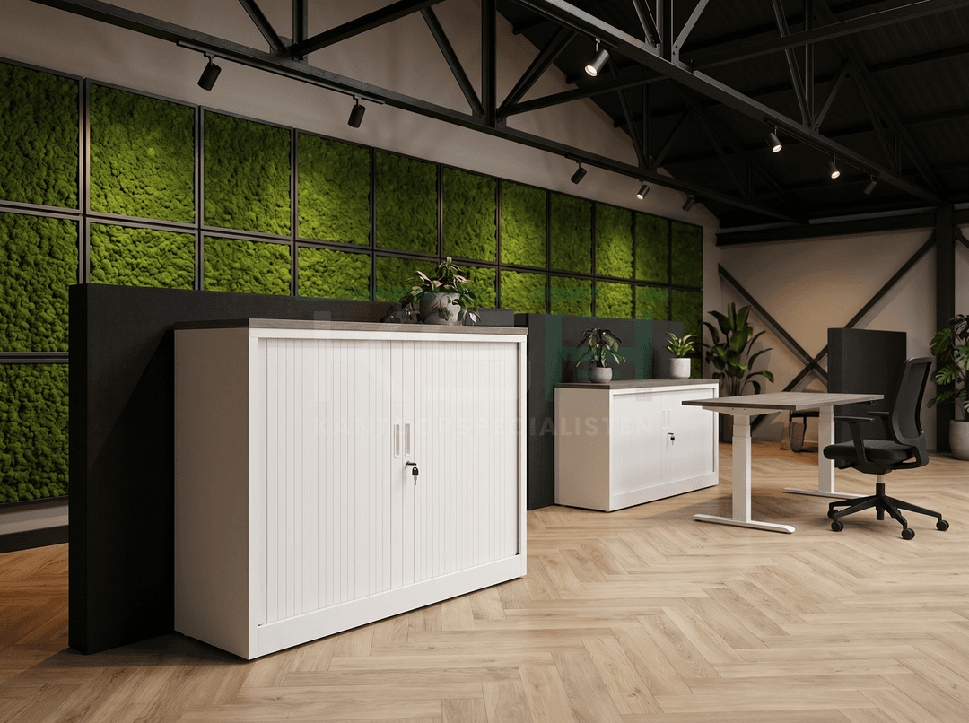 Roldeurkast Wit 118 x 120 x 43 cm Met topblad Bruin eiken
