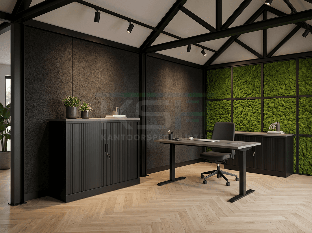 Roldeurkast Zwart 118 x 120 x 43 cm Met topblad Bruin eiken