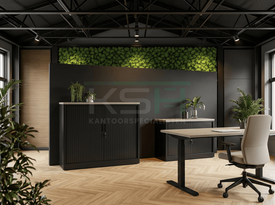 Roldeurkast Zwart 118 x 120 x 43 cm Met topblad Midden eiken