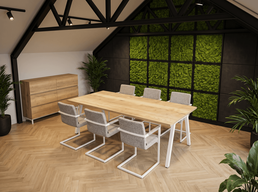 V-poot Vergadertafel recht 180x80cm Wit Natuur eiken
