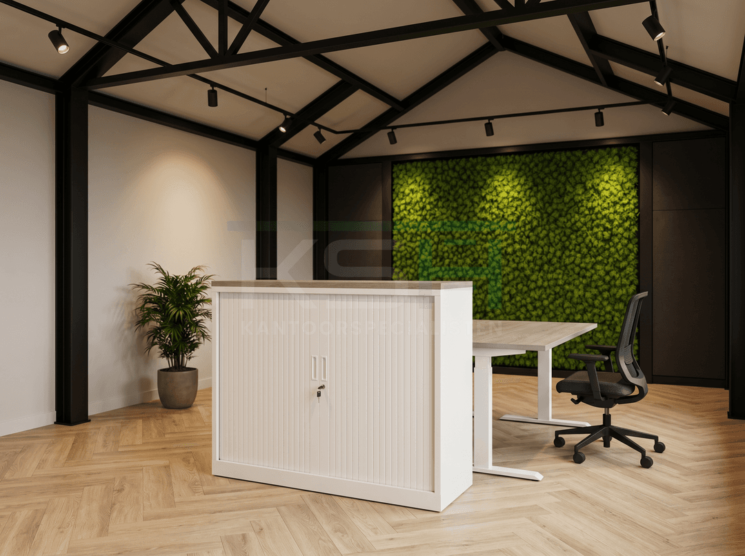 Roldeurkast Wit 118 x 120 x 43 cm Met topblad Midden eiken