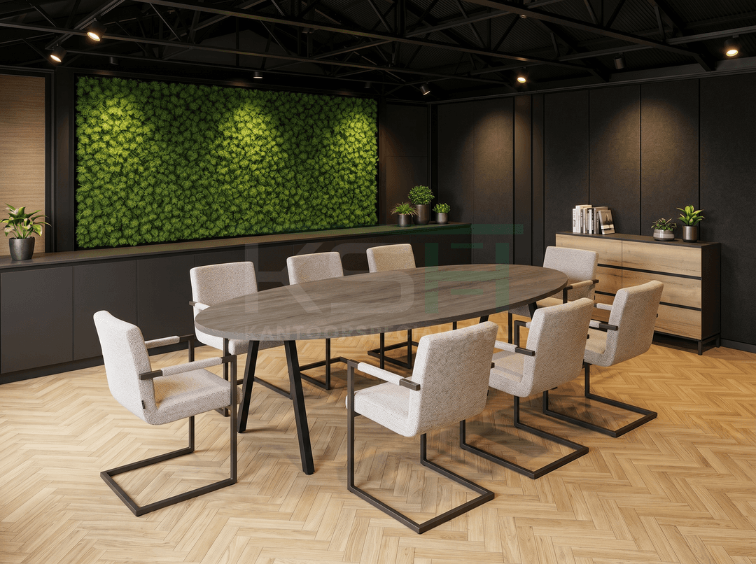 V-poot Vergadertafel Ovaal 220x110cm Zwart - Bruin eiken