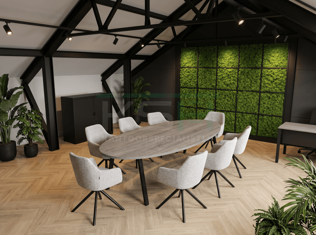 V-poot Vergadertafel Ovaal 220x110cm Zwart - Midden eiken