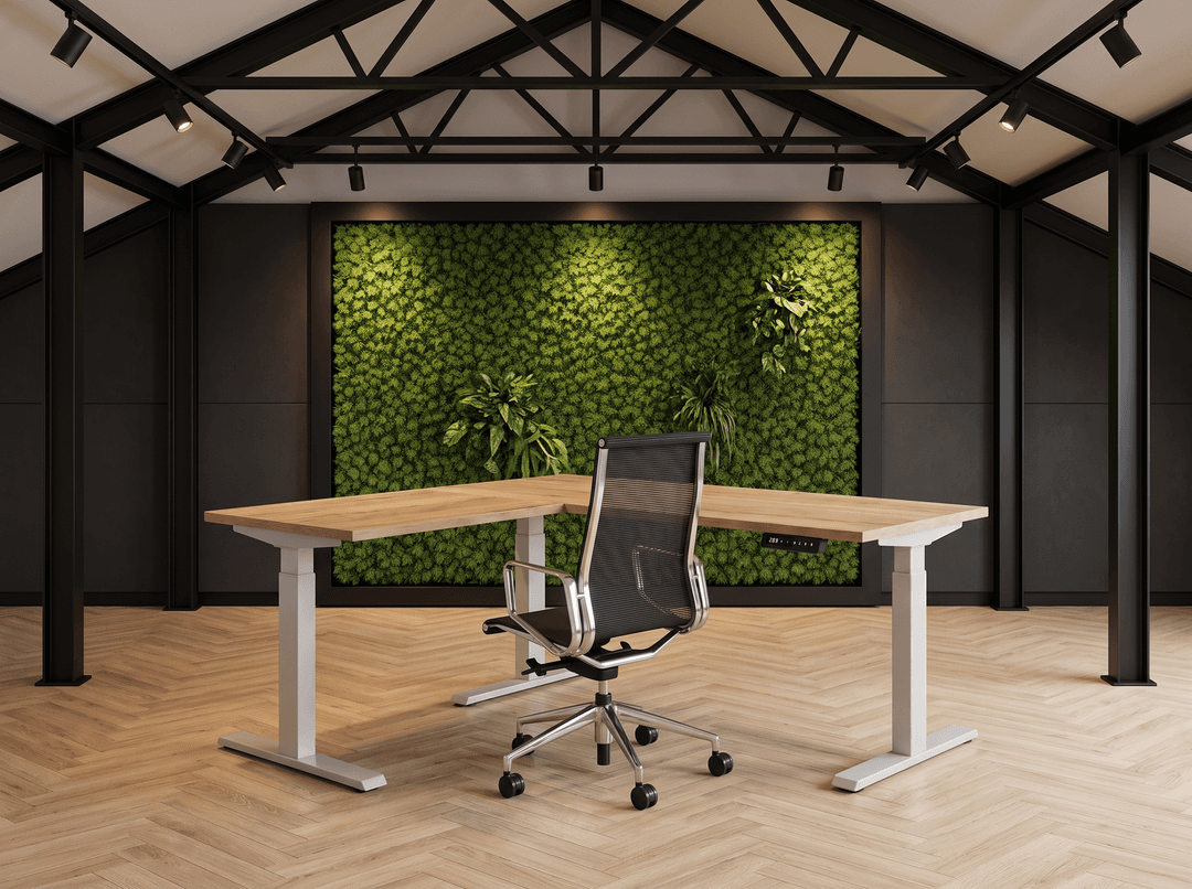 Elektrisch zit-sta Hoekbureau 200x200cm Aluminium Natuur eiken