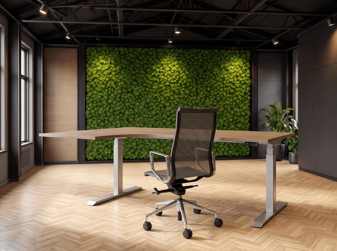 Elektrisch zit-sta Wingbureau 180x120cm (met ronde hoek) Aluminium Hickory Noten Hoek rechts