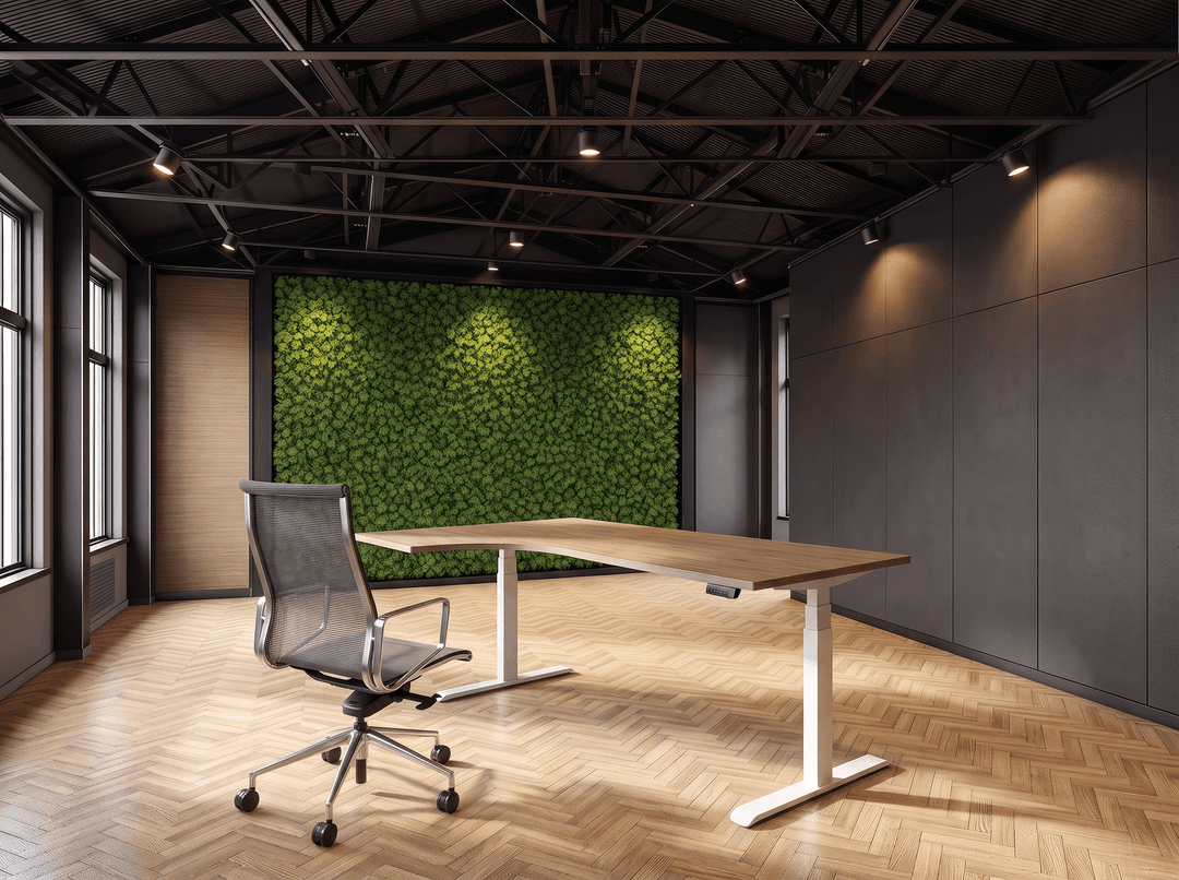 Elektrisch zit-sta Wingbureau 180x120cm (met ronde hoek) Wit Hickory Noten Hoek rechts