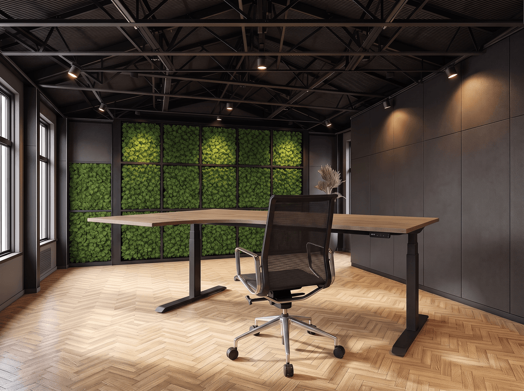 Elektrisch zit-sta Wingbureau 180x120cm (met ronde hoek) Zwart Hickory Noten Hoek rechts