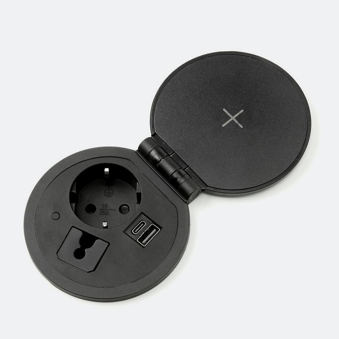 Inbouw powerbox Ø8 cm met draadloze lader – Zwart