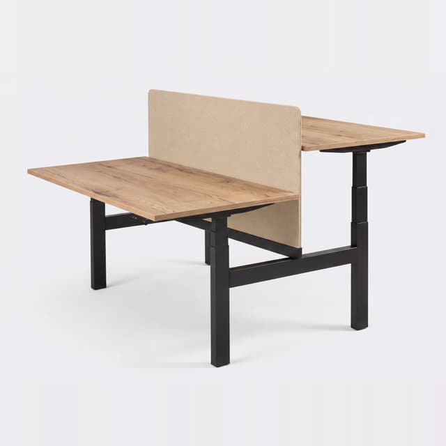 Zit-sta duo-bureau elektrisch 'Professional' – 06 Vanilla, 160x80cm, Zwart , Met scheidingswand 79cm hoog (hoogte vanaf vloer 130cm), Natuur eiken