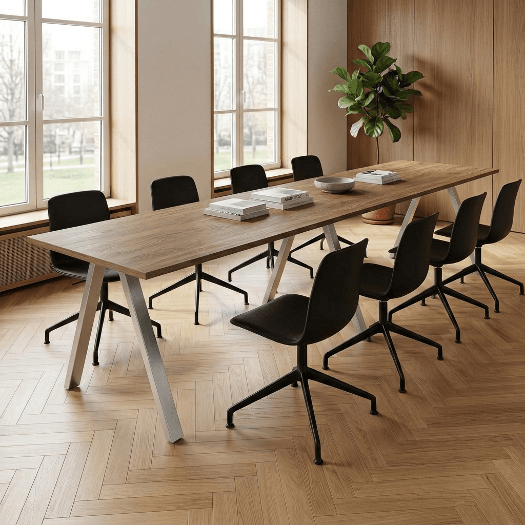 V-poot Vergadertafel recht 280x80cm Aluminium Hickory Noten