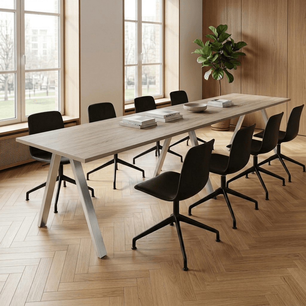 V-poot Vergadertafel recht 280x80cm Aluminium Midden eiken