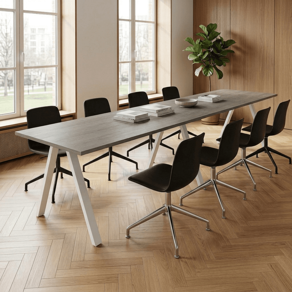 V-poot Vergadertafel recht 280x80cm Wit Bruin eiken