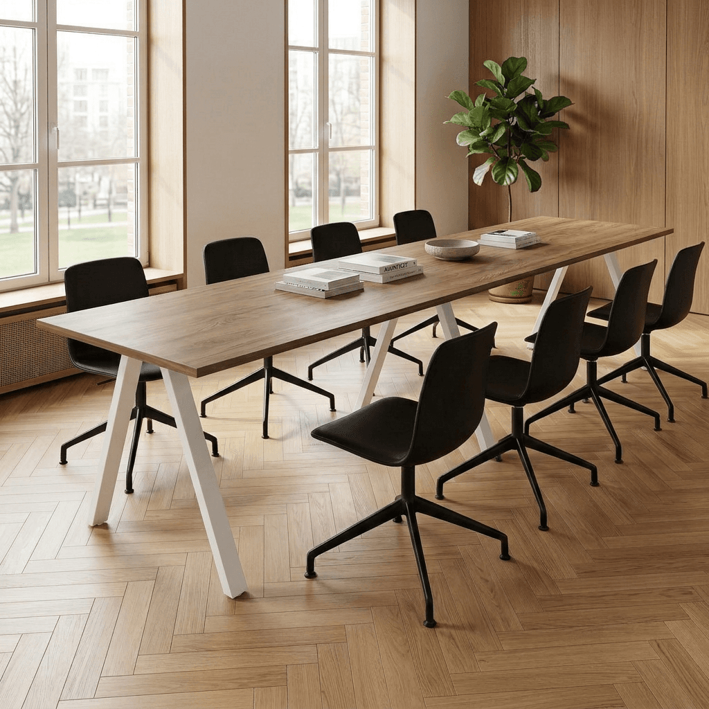 V-poot Vergadertafel recht 320x80cm Wit Hickory Noten