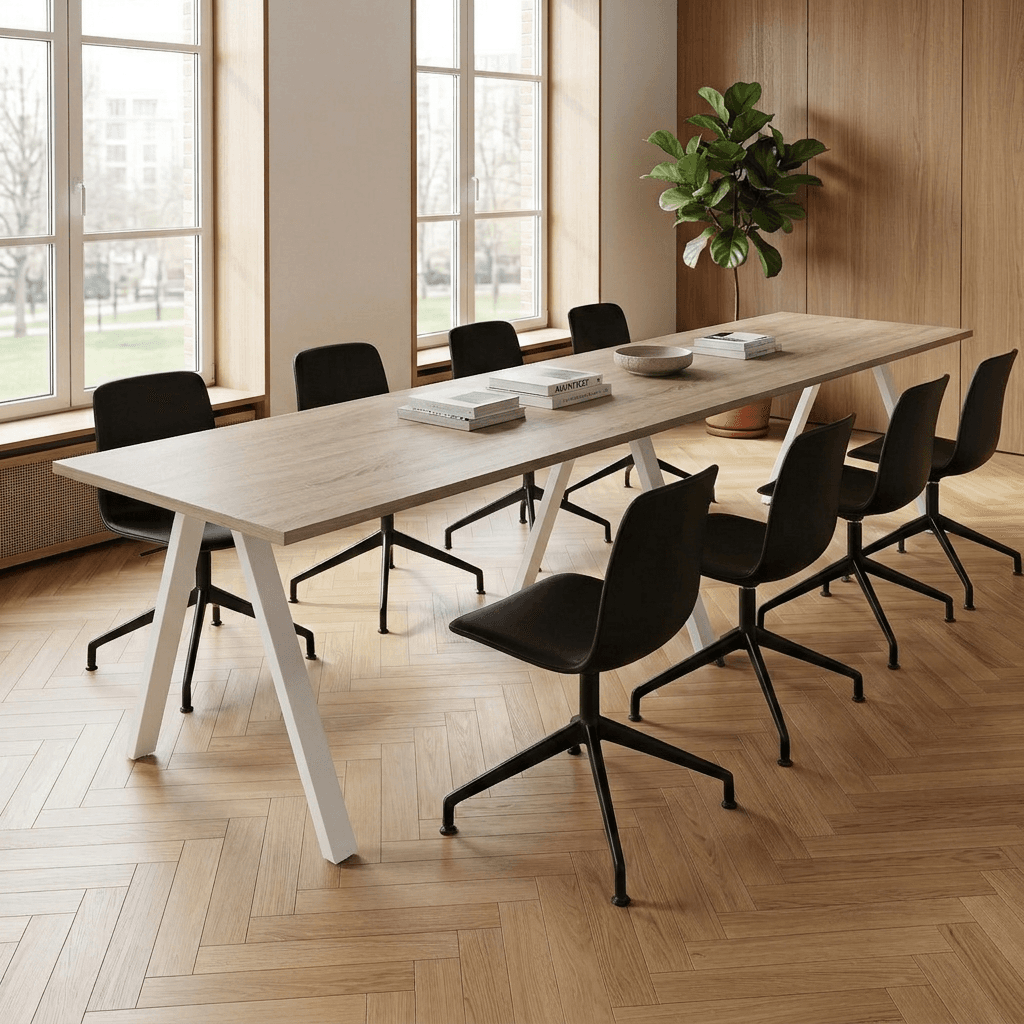 V-poot Vergadertafel recht 280x80cm Wit Midden eiken