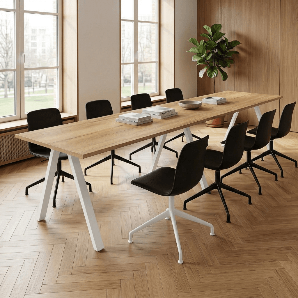 V-poot Vergadertafel recht 280x80cm Wit Natuur eiken