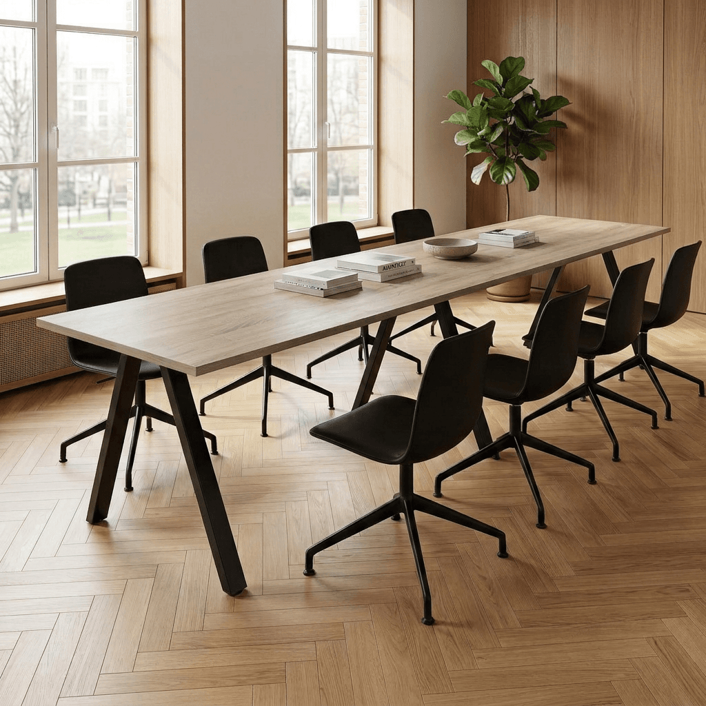 V-poot Vergadertafel recht 280x80cm Zwart Midden eiken