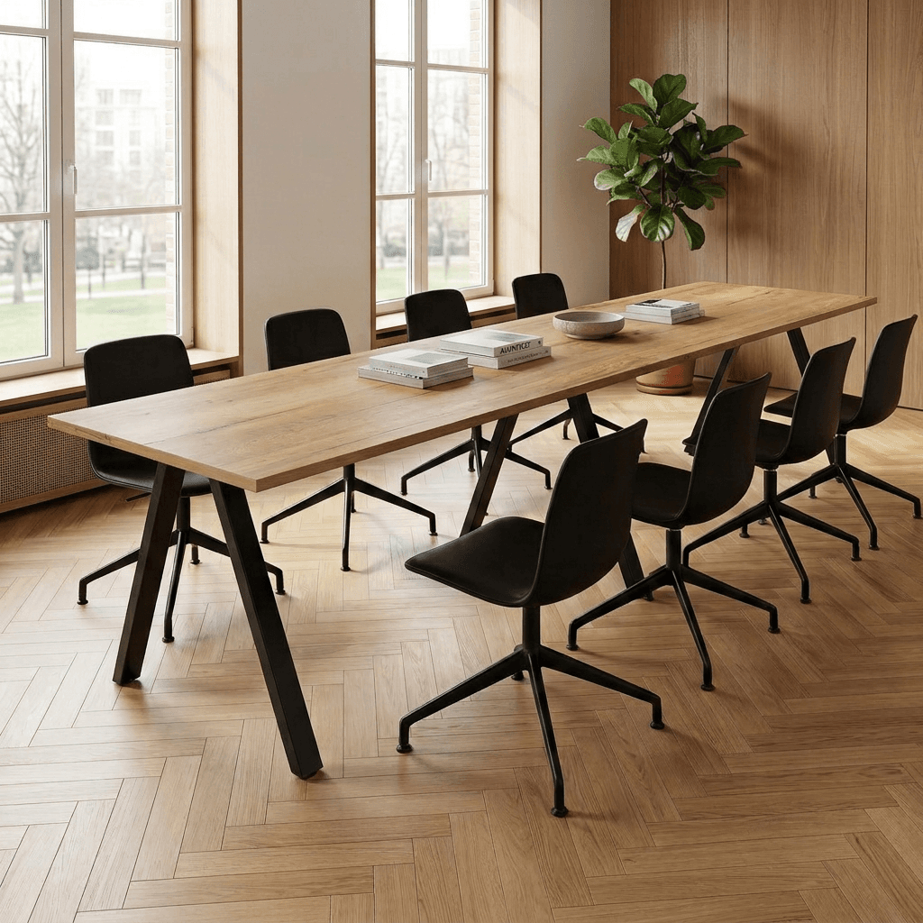 V-poot Vergadertafel recht 320x80cm Zwart Natuur eiken