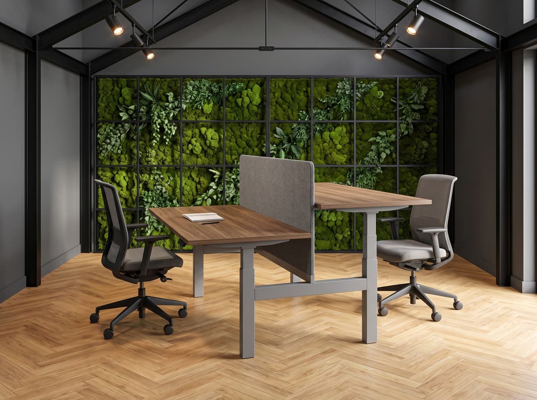 Zit-sta duo-bureau elektrisch 'Professional' – Hickory Noten, 200x80cm, Met scheidingswand 59cm hoog (hoogte vanaf vloer 110cm), Aluminium, 09 Black