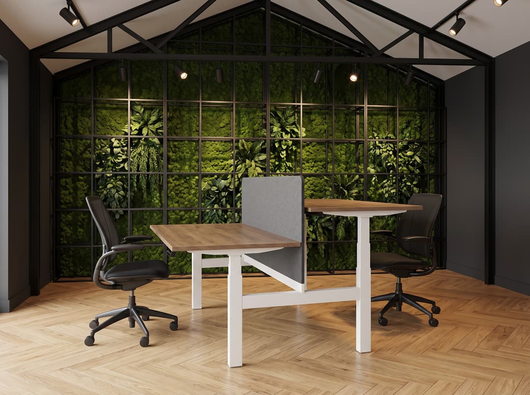 Zit-sta duo-bureau elektrisch 'Professional' – Hickory Noten, 140x80cm, Met scheidingswand 79cm hoog (hoogte vanaf vloer 130cm), Wit, 38 Midnight Blue