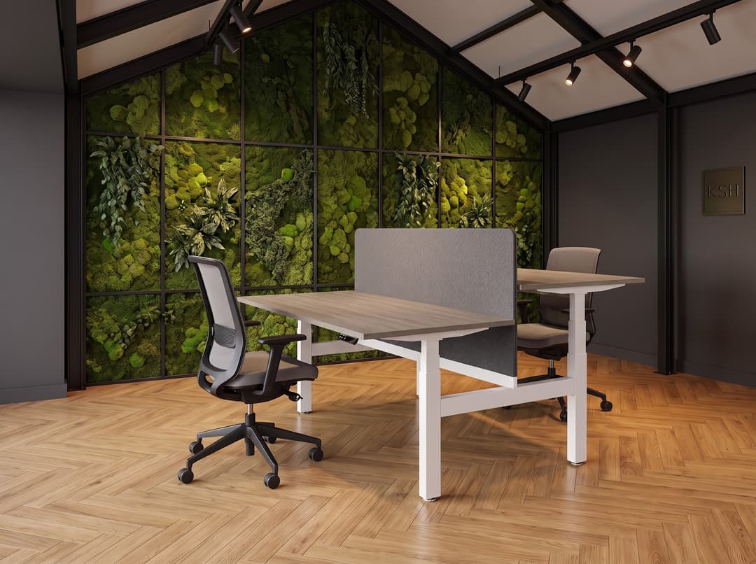 Zit-sta duo-bureau elektrisch 'Professional' – Midden eiken, Met scheidingswand 59cm hoog (hoogte vanaf vloer 110cm), Wit, 120x80cm, 09 Black