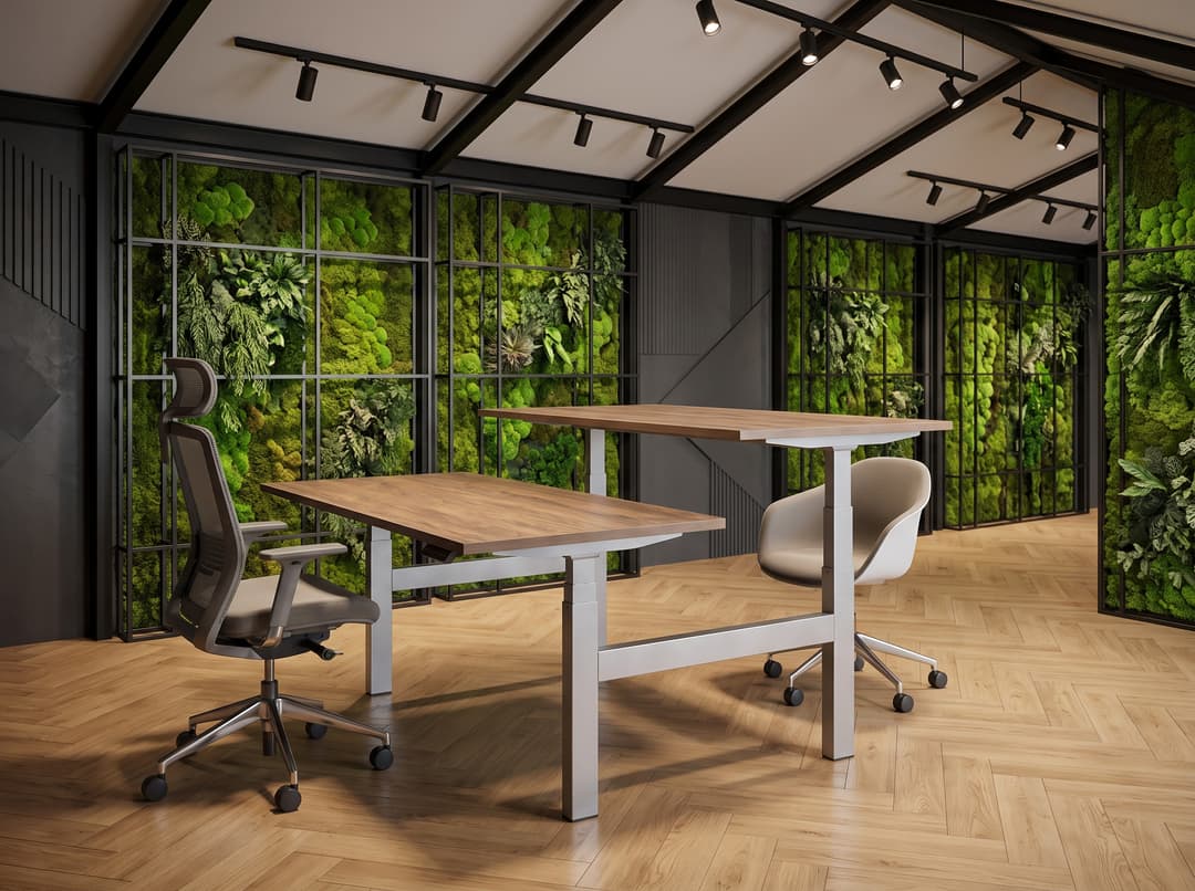 Zit-sta duo-bureau elektrisch 'Professional' – Hickory Noten, Aluminium, 140x80cm, Zonder scheidingswand, Geen scheidingswand