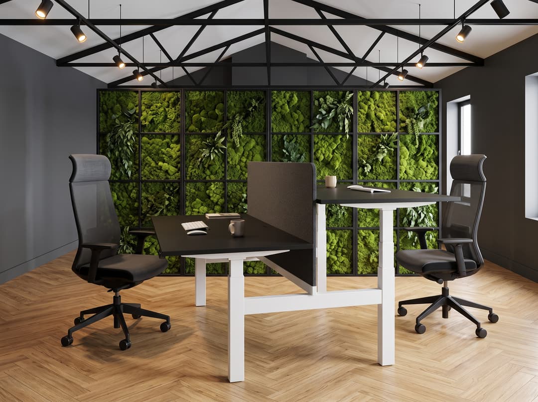 Zit-sta duo-bureau elektrisch 'Professional' – Zwart, Met scheidingswand 79cm hoog (hoogte vanaf vloer 130cm), Wit, 200x80cm, 24 Cherry